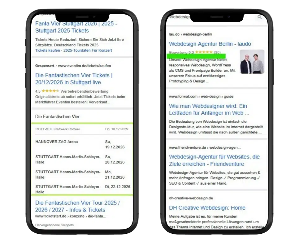 Zwei Smartphones zeigen Google-Suchergebnisse mit hervorgehobenen Rich-Snippets.