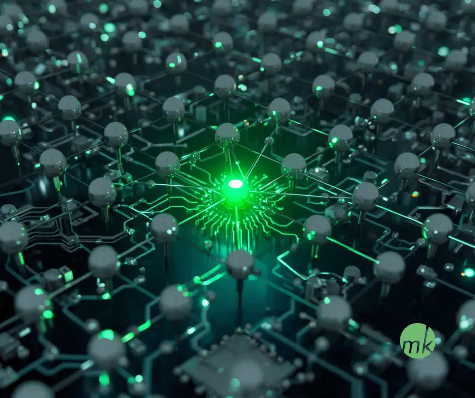 Abstraktes neuronales Netzwerk mit leuchtenden Verbindungen – visualisiert Googles neuen GIST-Algorithmus für semantische Suchanfragen und KI-gestützte Ranking-Faktoren.