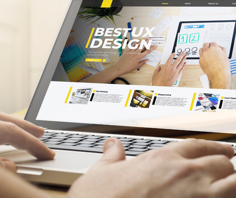 Laptop mit geöffnetem Webdesign-Portfolio, auf dem eine moderne UX-Website angezeigt wird - Symbol für professionelle Web- und UX-Gestaltung sowie suchmaschinenoptimierte Bild-Einbindung.