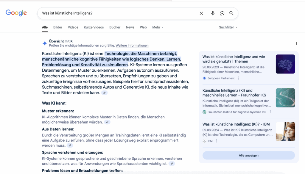 AI Overview Anzeige auf Google zum Thema Künstliche Intelligenz.