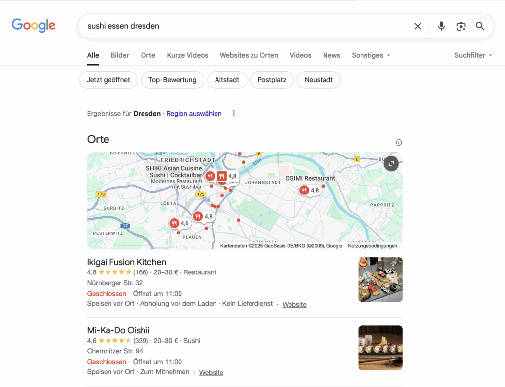 Anzeige von lokalen Angeboten zum Thema "sushi essen dresden".