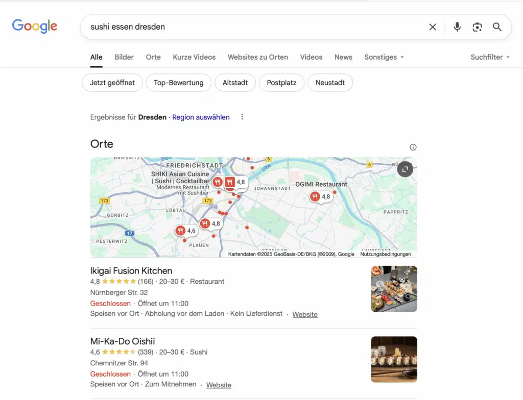 Anzeige von lokalen Angeboten zum Thema "sushi essen dresden".