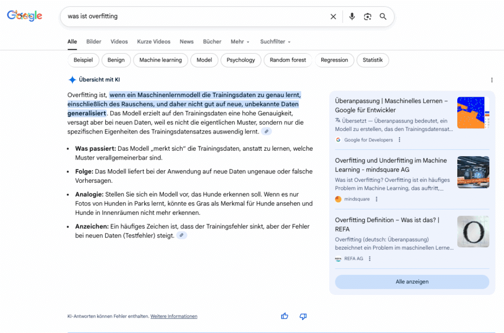 Screenshot einer Google-Suche nach ‚was ist overfitting‘ mit AI Overview Antwort.