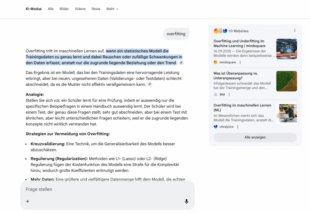 Screenshot einer Google-Suche im KI-Modus mit dem Begriff ‚overfitting‘.