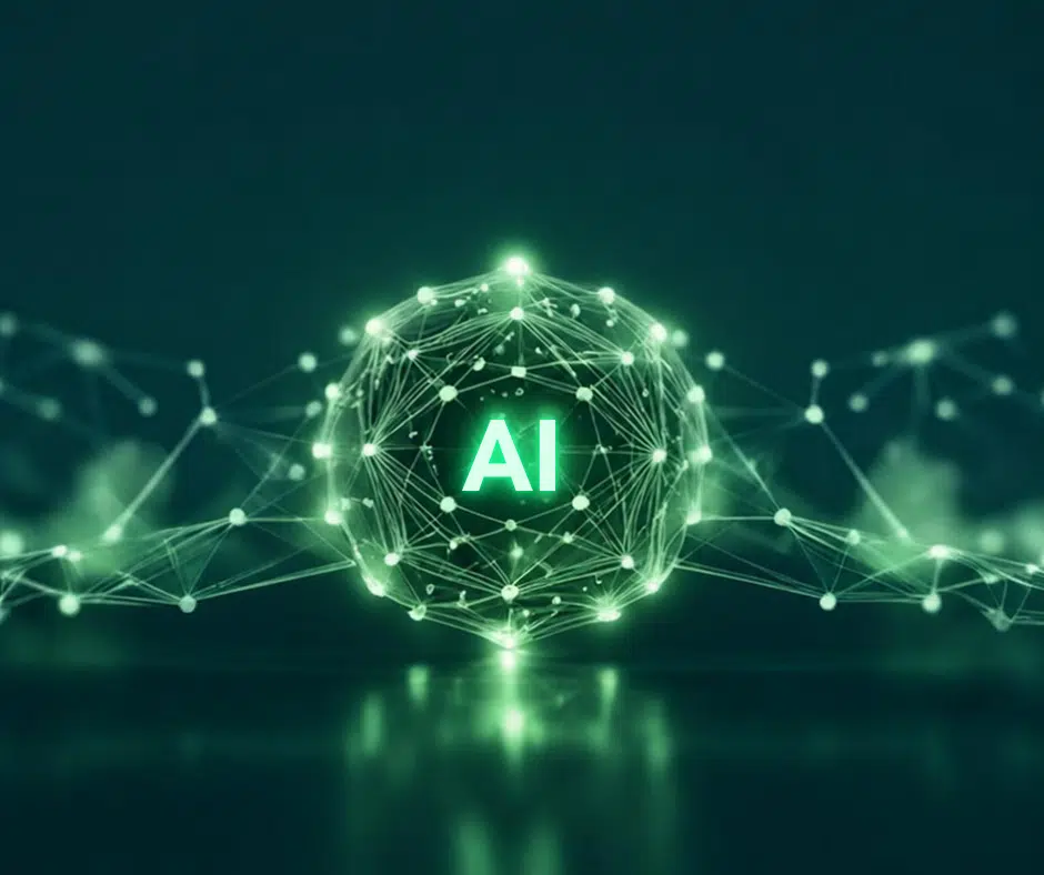 Abstrakte Darstellung von künstlicher Intelligenz und der Zukunft des Internets mit leuchtenden grünen Formen auf dunklem Hintergrund.