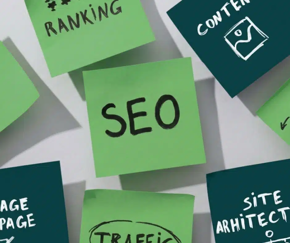 Verschiedene Klebezettel als visuelle Bausteine für ein SEO- und GEO-Konzept mit Begriffen wie Ranking, Traffic und Content – dein strukturierter Fahrplan für Google und die KI-Suche.