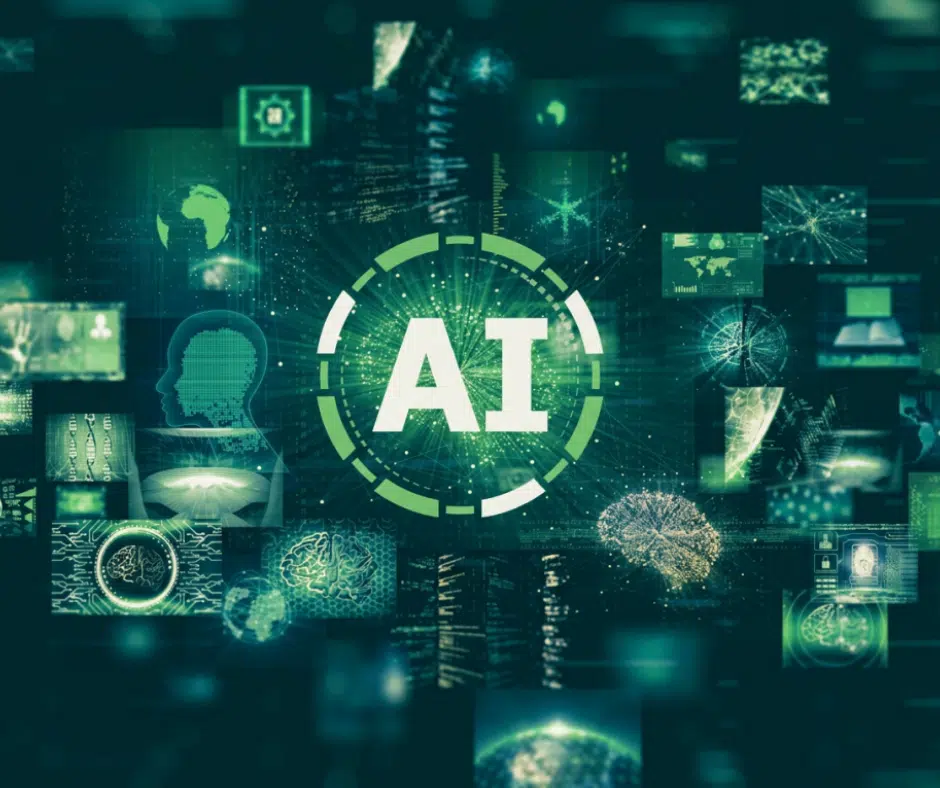 Kollage aus digitalen Grafiken zum Thema Künstliche Intelligenz, im Zentrum ein leuchtender Schriftzug „AI“ (für Artificial Intelligence), umgeben von Symbolen wie Gehirnen, Datenströmen, menschlichen Silhouetten, Platinen, neuronalen Netzen und digitalen Weltkarten.
