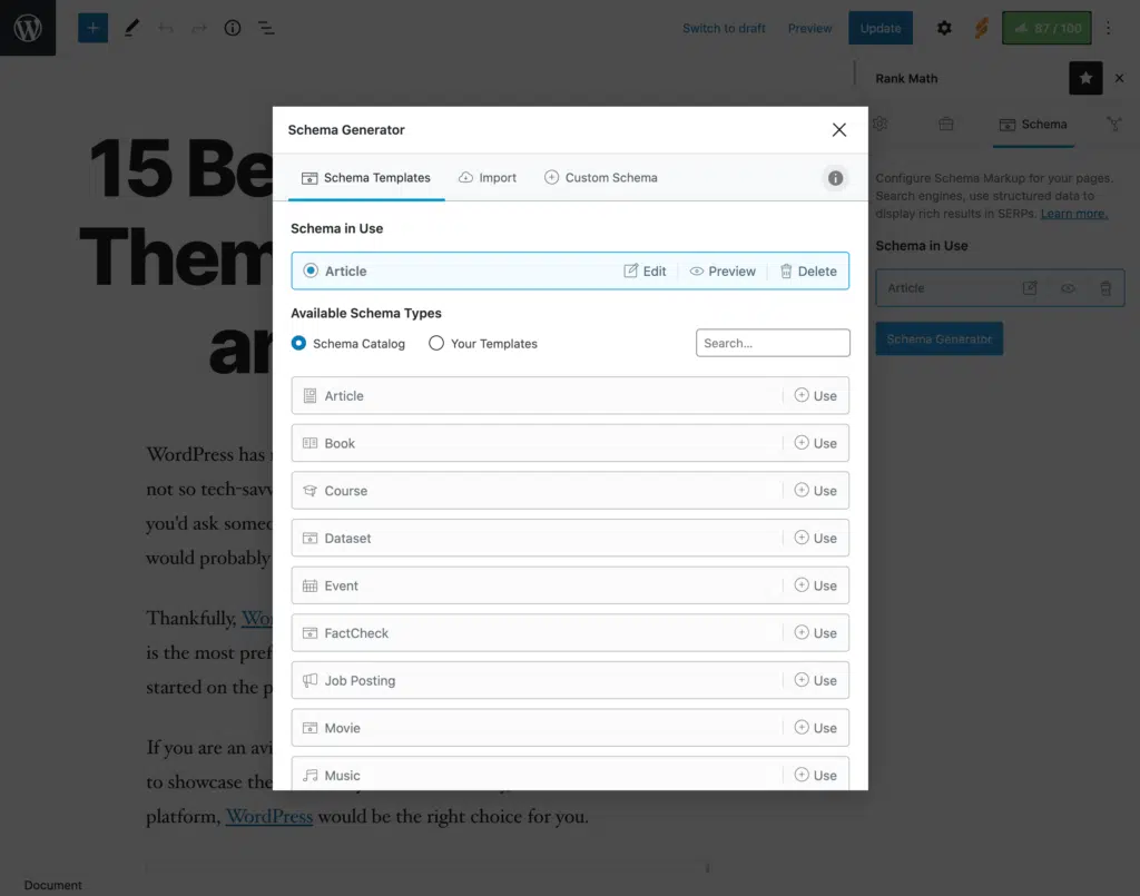 Screenshot vom Schema-Generator bei Rank Math