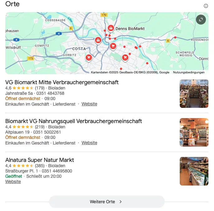 Screenshot einer lokalen Google-Suchergebnisanzeige für den Suchbegriff „Bioladen“. Sichtbar ist eine Karte mit Standortmarkierungen sowie eine Liste regionaler Bioläden mit Bewertungen, Adressen, Öffnungszeiten und Links zu den Websites.