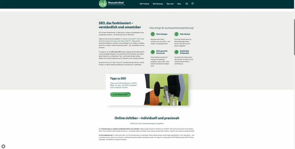 Body-Bereich meiner Website. Die Seite erklärt verständlich, wie Suchmaschinenoptimierung funktioniert und welche Vorteile sie bringt – darunter mehr Anfragen, passende Kunden und nachhaltige Sichtbarkeit. Im Fokus steht der praxisnahe Einsatz von SEO kombiniert mit KI-Systemen wie ChatGPT.