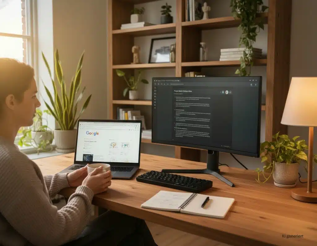 KI generiert: Person sitzt am Schreibtisch mit Laptop und großem Monitor; auf dem Laptop ist eine Google-Suche geöffnet, auf dem Monitor ChatGPT.