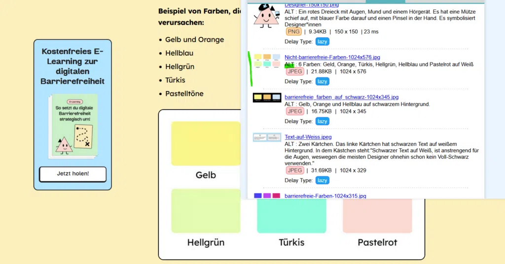 Screenshot einer Website zur Barrierefreiheit mit Beispielbildern, Dateinamen und zugehörigen Alt-Texten für Farben und Design.