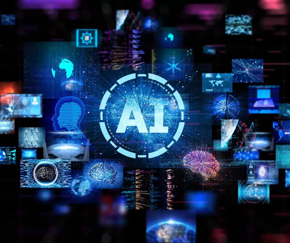 Kollage aus digitalen Grafiken zum Thema Künstliche Intelligenz, im Zentrum ein leuchtender Schriftzug „AI“ (für Artificial Intelligence), umgeben von Symbolen wie Gehirnen, Datenströmen, menschlichen Silhouetten, Platinen, neuronalen Netzen und digitalen Weltkarten auf dunklem Hintergrund mit blauen und violetten Farbakzenten.