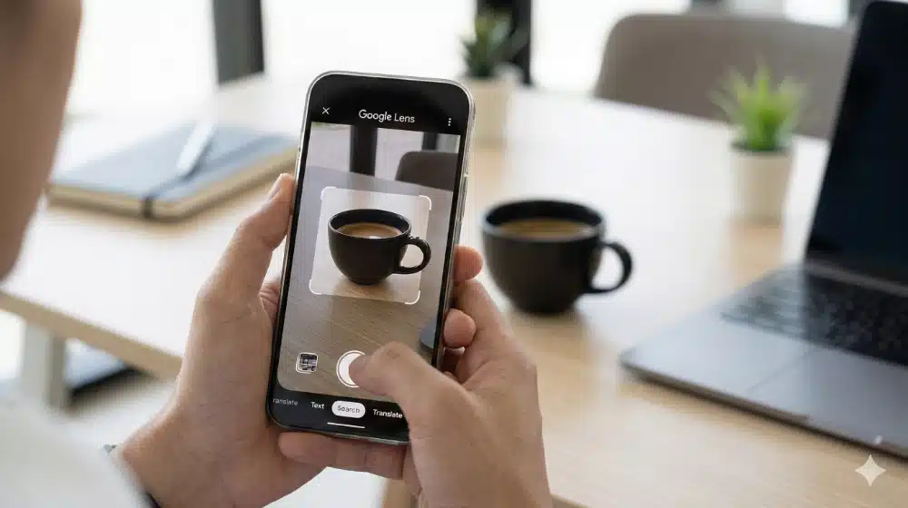 Hand hält Smartphone mit aktivierter Google Lens, die eine Kaffeetasse auf einem Schreibtisch scannt – KI-generiertes Bild zum Thema visuelle Suche und SEO.