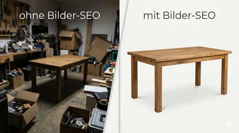 Vergleich: Holzwerkbank in chaotischer Werkstatt (ohne Bilder-SEO) vs. isolierte Produktaufnahme (mit Bilder-SEO) – KI-generiertes Beispiel für visuelle Suche und SEO.