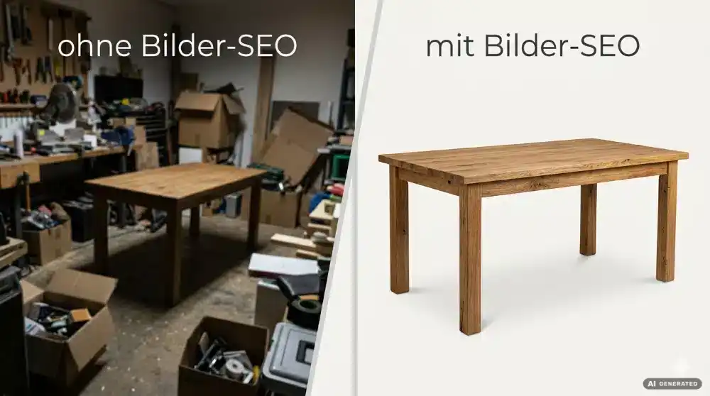 Vergleich: Holzwerkbank in chaotischer Werkstatt vs. isolierte Produktaufnahme. KI-generiertes Beispiel für visuelle Suche und SEO.