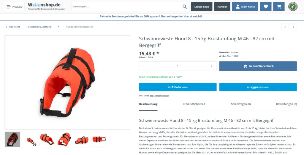 Produktbild einer orangefarbenen Hundeschwimmweste mit schwarzen Gurten und Haltegriff.